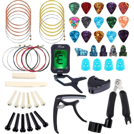 Set de accesorii pentru chitara 60 de piese, cu tuner, capodastru, string winder, corzi pentru chitara, pini, pene, protectii pentru degete, pene tip gheara