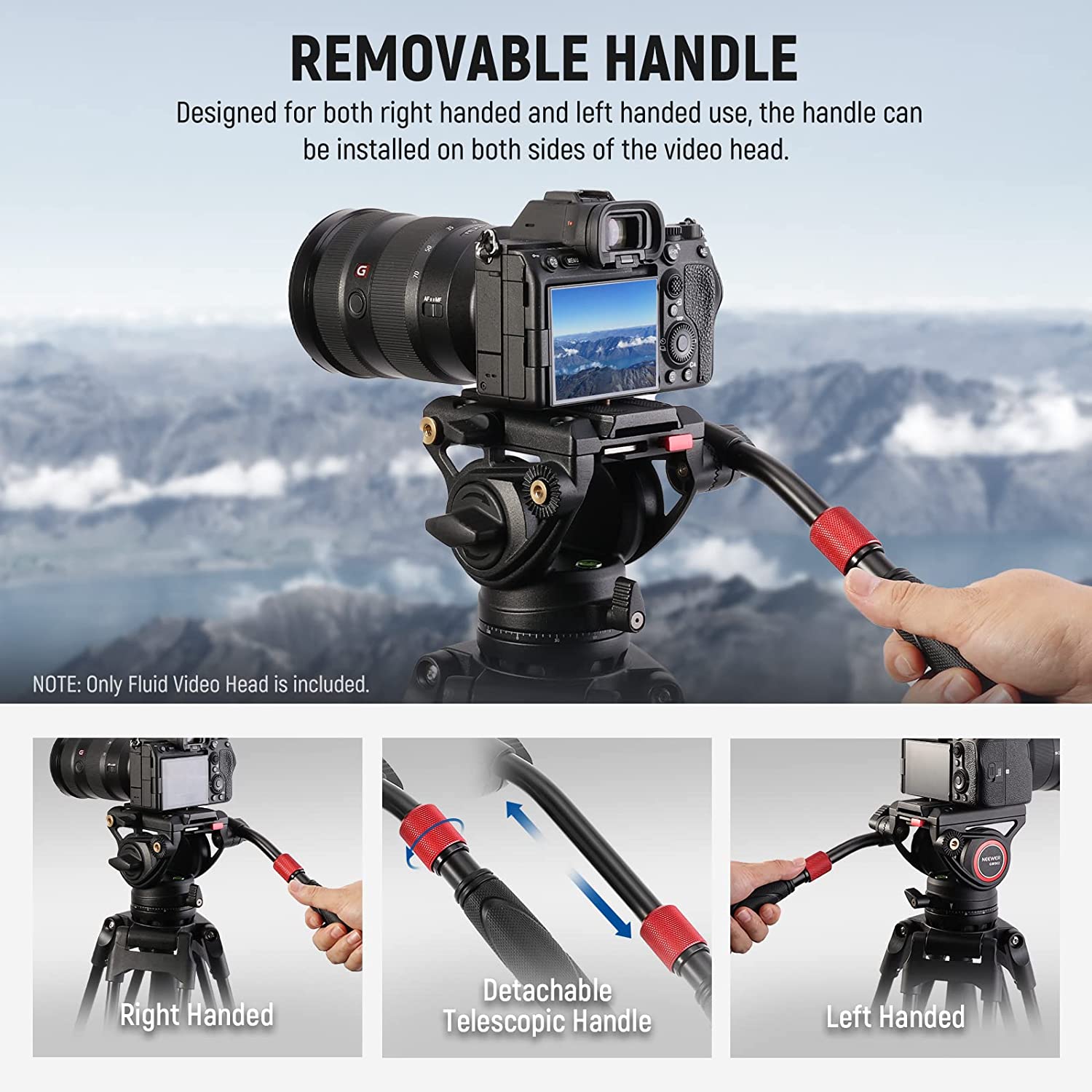 Cap video fluid pentru trepied, monopied sau slider, cu placa eliberare rapida, maner telescopic, baza gradata pentru panorama, pentru camere video, Neewer GM002