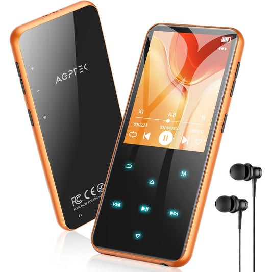 Player MP3 Agptek 64 GB, Bluetooth 5.3, ecran 2.4 inch, set cu casti si cablu USB Type C, suporta card pana la 128GB, difuzor, Radio FM, E-Book, alarma, portocaliu
