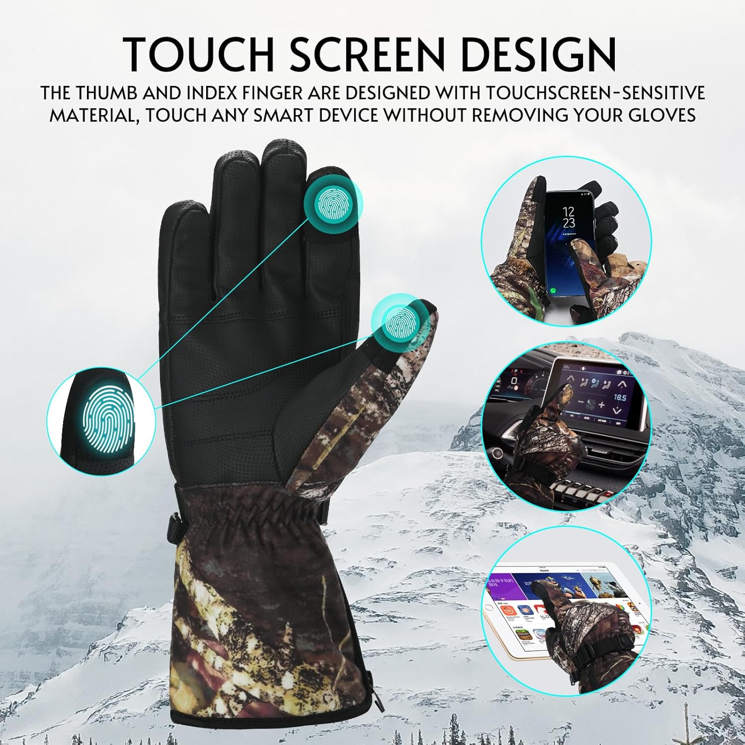 Manusi incalzite cu acumulator 3000 mAh 7.4V x 2, compatibile touchscreen, temperatura reglabila, impermeabile, rezistente la vant, pentru schi, snowboarding, drumetie, ciclism, pescuit