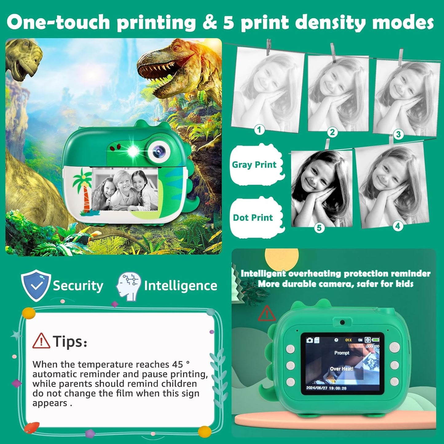 Camera foto instant pentru copii, camera instantanee cu functie printare, video HD 1080P, blit, functie MP3 Player, jocuri incorporate, slot card, cu 7 role hartie incluse