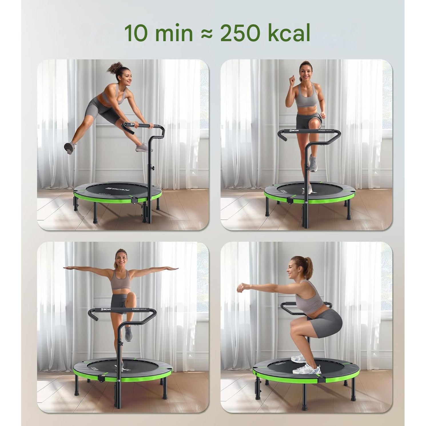 Trambulina fitness pliabila BCAN 102 cm pentru interior, capacitate maxima 150 kg, 32 arcuri ranforsate, cadru metalic stabil, ghidon reglabil cu maner din spuma, sistem anti-rasturnare, trambulina pentru exercitii cardio si fitness