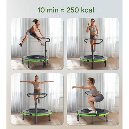 Trambulina fitness pliabila BCAN 102 cm pentru interior, capacitate maxima 150 kg, 32 arcuri ranforsate, cadru metalic stabil, ghidon reglabil cu maner din spuma, sistem anti-rasturnare, trambulina pentru exercitii cardio si fitness