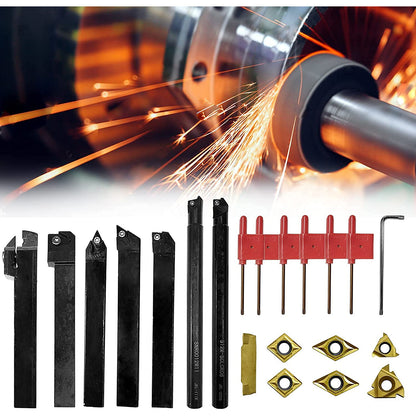 Set cutite de strung cu placute amovibile, 7 pese de strunjit cu insertii din carbura 12 mm cu bara de gaurit si 7 chei T8