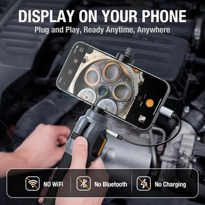 Endoscop industrial, camera de inspectie cu cap rotativ 8.5 mm, lumini LED dimabile, tub semirigid de 1.55 m, compatibil iPhone 15/16 si Android