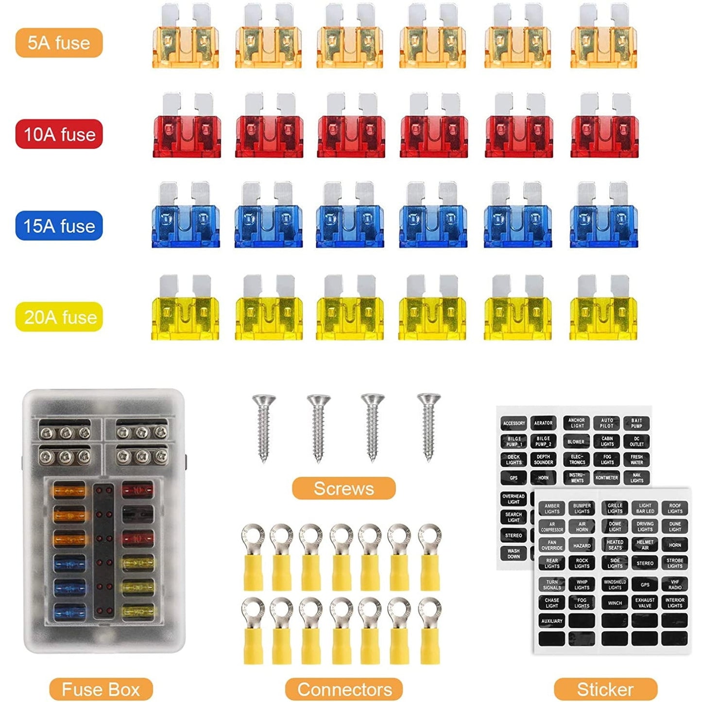 Set tablou sigurante auto cu 12 iesiri, cu sigurante 5A 10A 15A 20A cu indicator LED si capac de protectie, pentru masina, barca, autoutilitara, camion