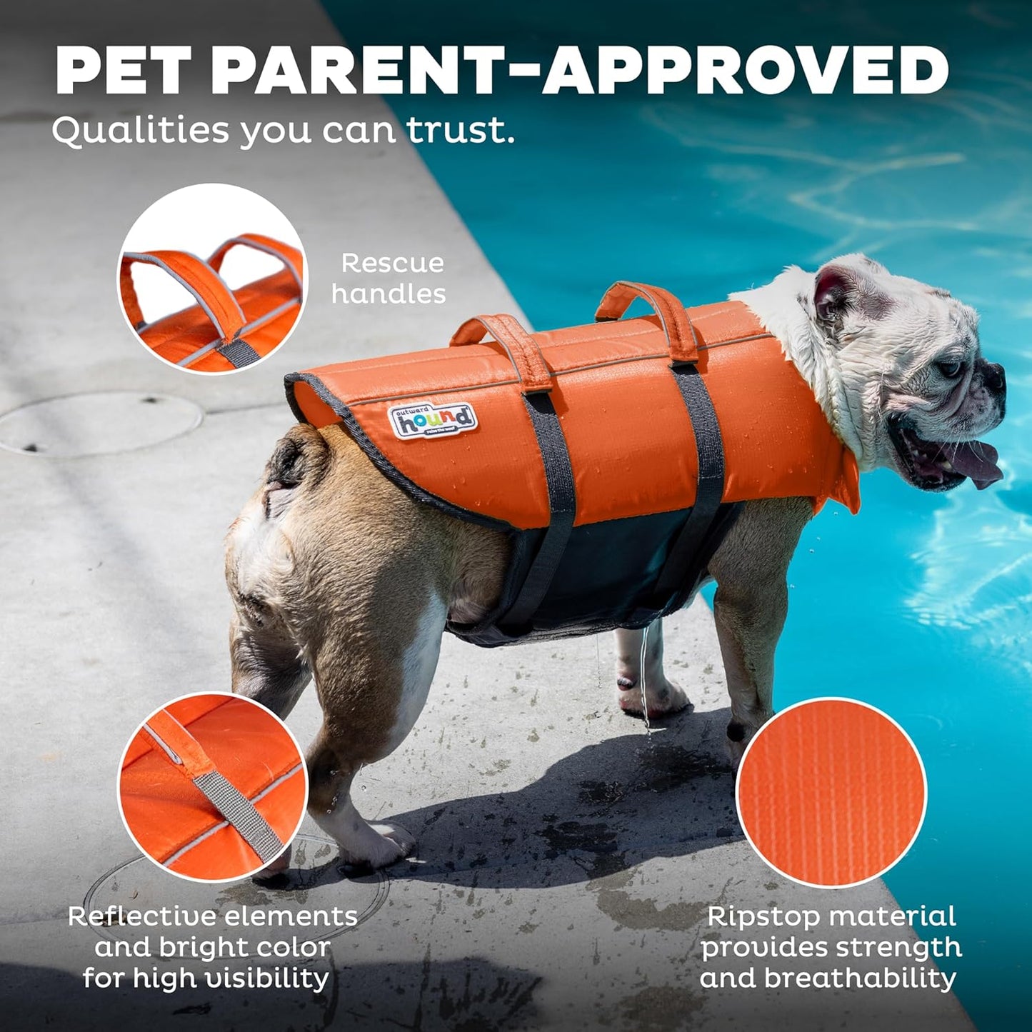 Vesta de salvare pentru caini marimea L, Outward Hound Granby Splash, greutatea minima 25 kg, portocaliu, cu accente reflectorizante, bretele reglabile, banda abdominala si maner de transport pentru salvare