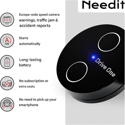 Alarma trafic Needit Drive One 2 Model 2026, avertizare camere radar fixe si mobile, avertismente sonore si LED, baza date BlitzerApp Europa, instalare automata Plug & Play, design discret pentru bord, negru