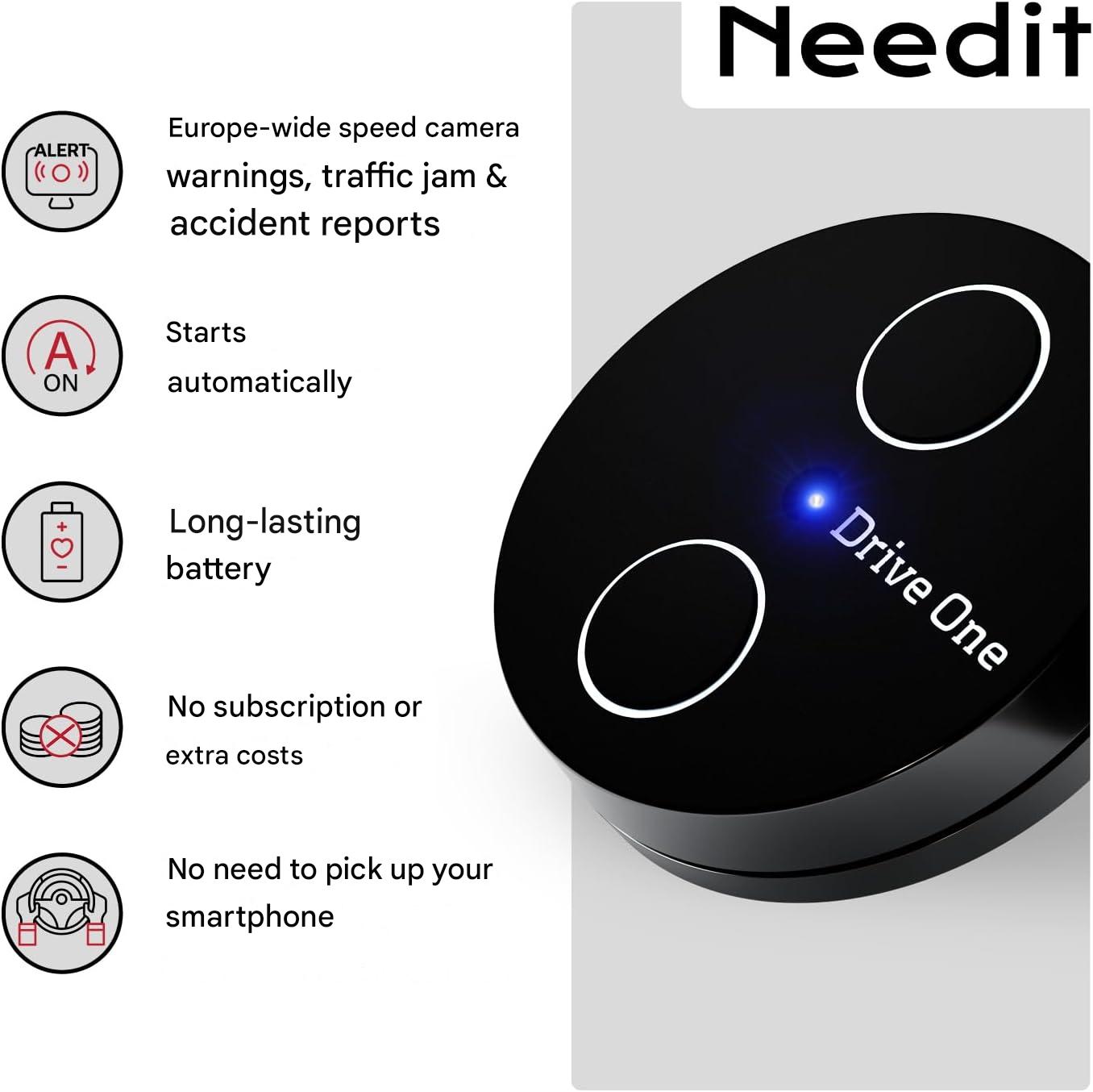 Alarma trafic Needit Drive One 2 Model 2026, avertizare camere radar fixe si mobile, avertismente sonore si LED, baza date BlitzerApp Europa, instalare automata Plug & Play, design discret pentru bord, negru