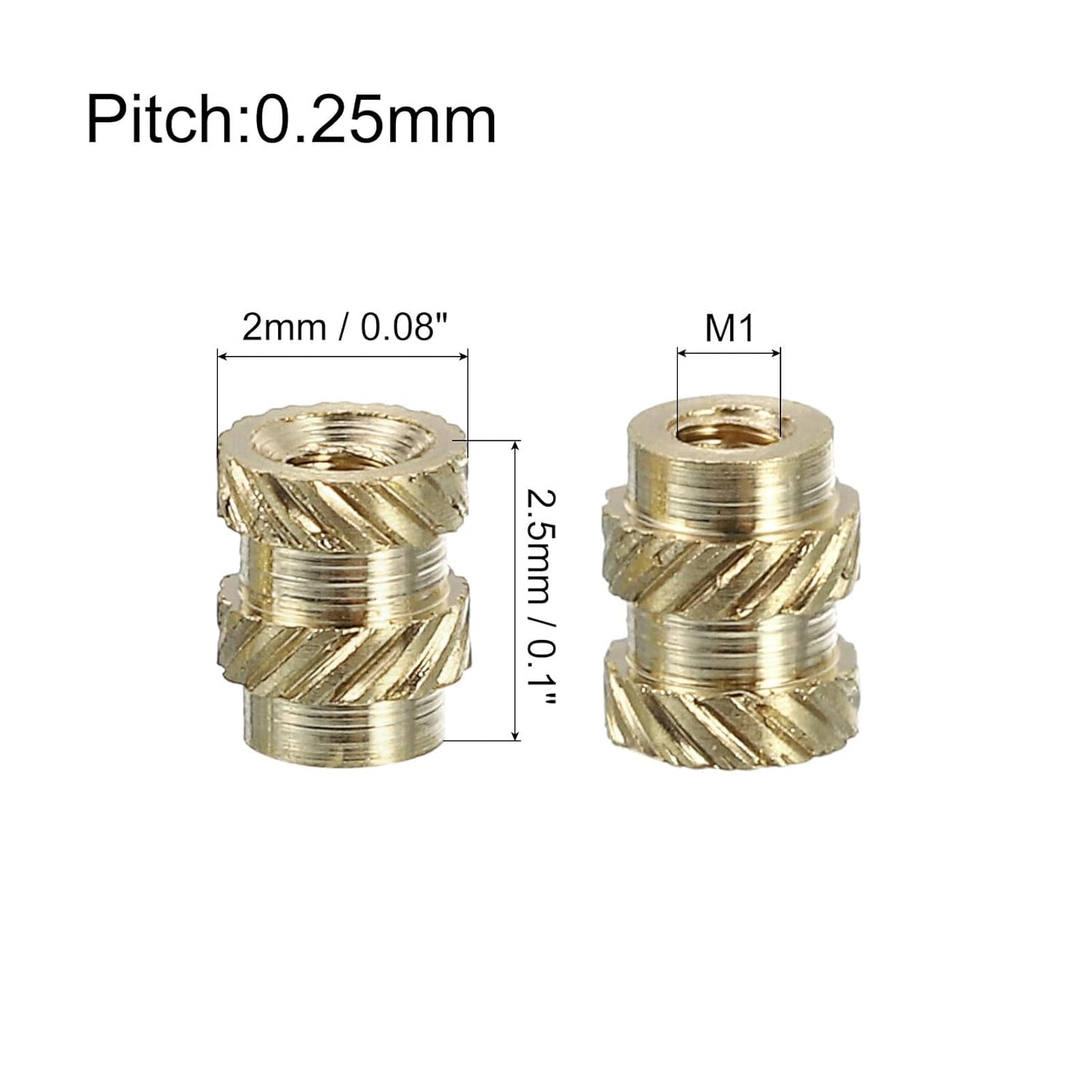 Insertii filetate din alama QUARKZMAN M1 x 0.25, Ø2 x 2.5 mm, set 100 buc, piulite moletate termofixabile, heat set inserts pentru plastic si imprimare 3D, filet metric interior, montaj prin caldura sau ultrasunete, rezistente la coroziune