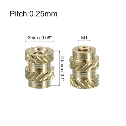 Insertii filetate din alama QUARKZMAN M1 x 0.25, Ø2 x 2.5 mm, set 100 buc, piulite moletate termofixabile, heat set inserts pentru plastic si imprimare 3D, filet metric interior, montaj prin caldura sau ultrasunete, rezistente la coroziune