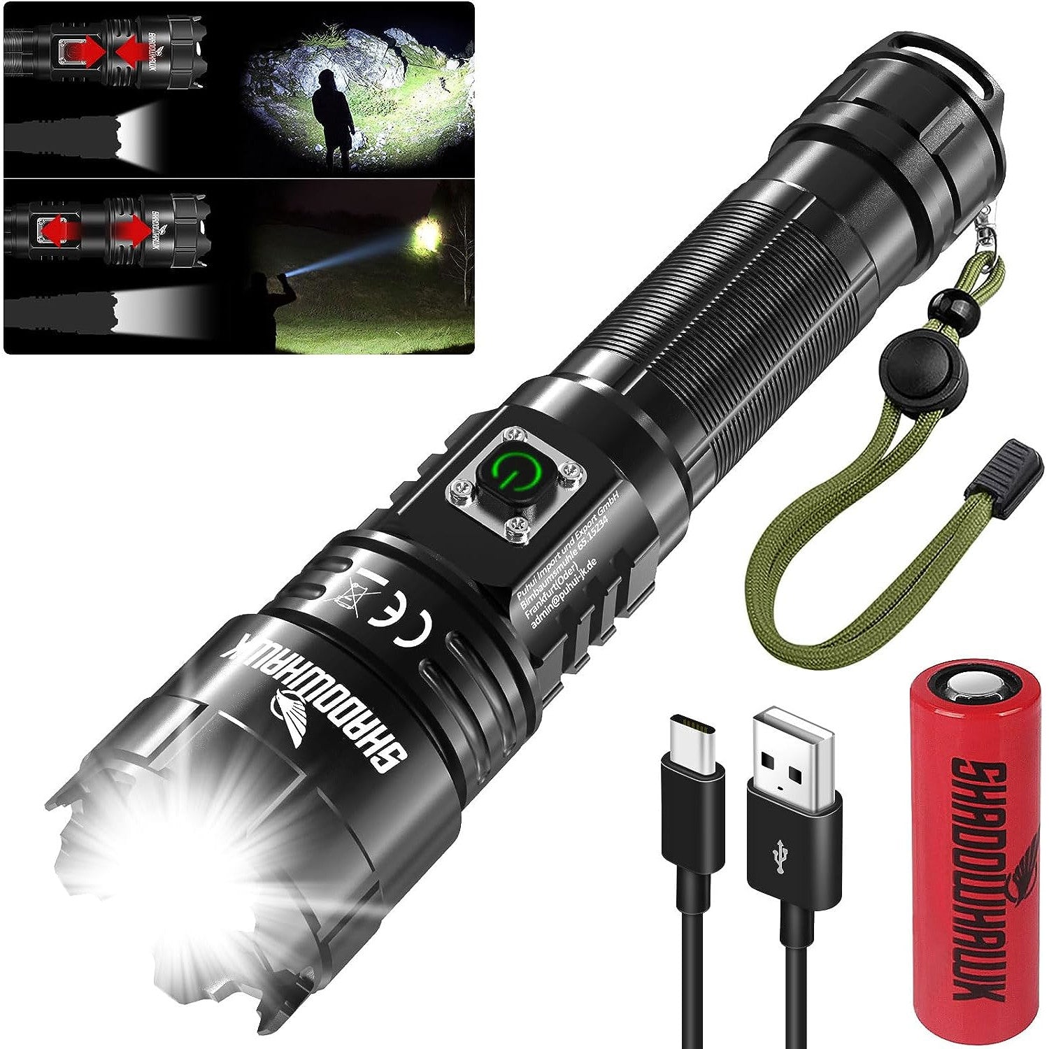 Lanterna tactica LED, din aluminiu, 10000 lumeni, profesionala, focus ajustabil, acumulator inclus, 5 moduri iluminare, rezistenta la apa, incarcare USB, sursa CREE XHP70.2