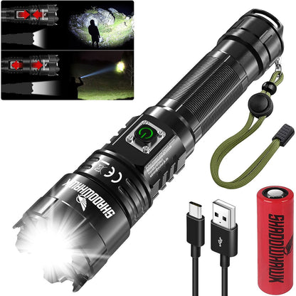Lanterna tactica LED, din aluminiu, 10000 lumeni, profesionala, focus ajustabil, acumulator inclus, 5 moduri iluminare, rezistenta la apa, incarcare USB, sursa CREE XHP70.2