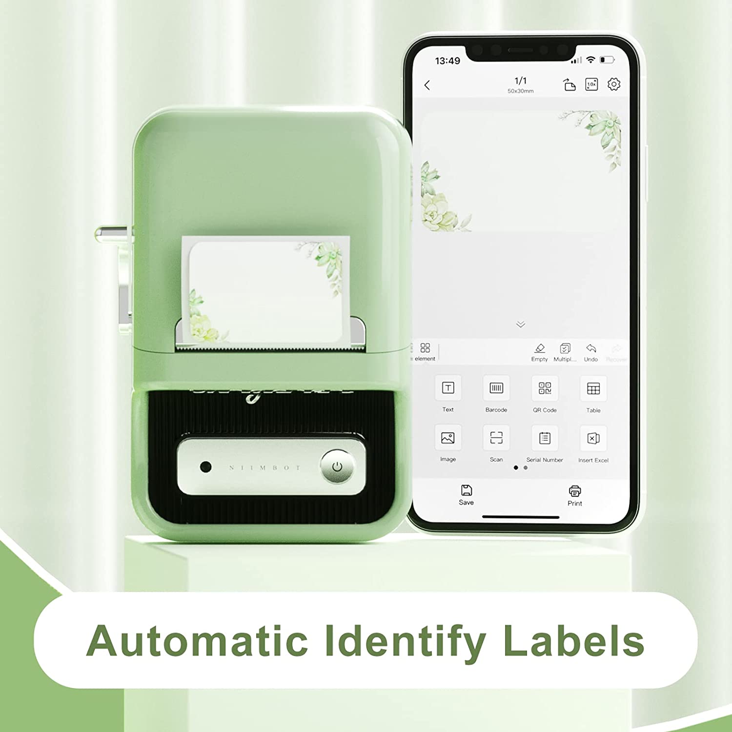 Imprimanta termica de etichete, Bluetooth, portabila, cu 1 rola etichete 50 x 30 mm, aspect vintage, verde, Deepin B21