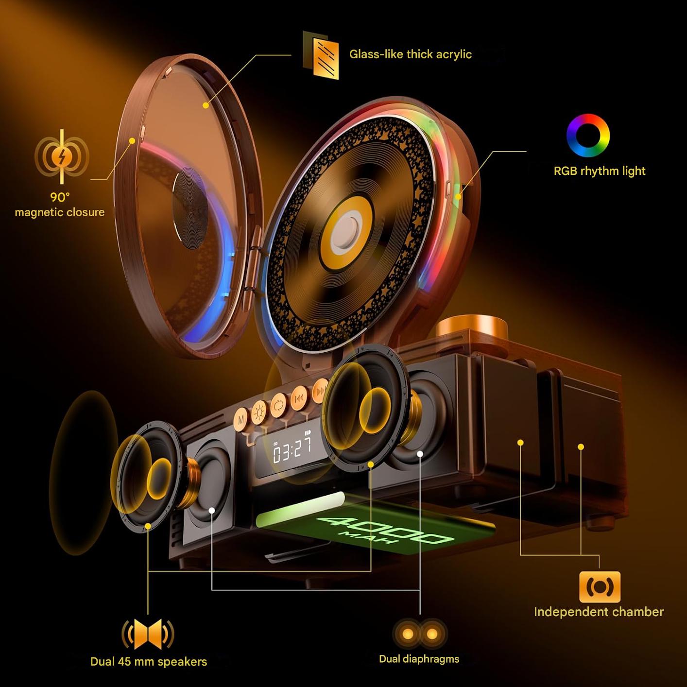 CD player portabil ROADOM Bluetooth 5.3, difuzoare duale Hi-Fi, baterie 4000 mAh, 6 in 1 CD, USB, TF, FM, AUX, lumina RGB, telecomanda, design retro vintage din lemn, maro
