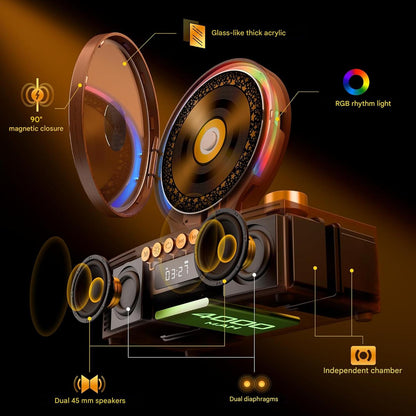 CD player portabil ROADOM Bluetooth 5.3, difuzoare duale Hi-Fi, baterie 4000 mAh, 6 in 1 CD, USB, TF, FM, AUX, lumina RGB, telecomanda, design retro vintage din lemn, maro