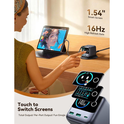 Statie Incarcare JOYROOM PODIX 140W GaN, incarcator rapid USB-C 5-in-1 cu 2 cabluri retractabile 100W, design rotativ la 180°, display LCD 1.54”, 3x USB-C + 2x USB-A, compatibil MacBook, iPhone, Samsung