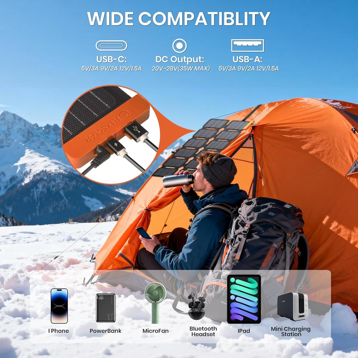 Panou solar pliabil 36W, IP67 rezistent la apa cu MPPT integrat, celule monocristaline 24%, cu USB-A, USB-C si DC, ultra-compact, incarcator solar pentru telefoane si gadgeturi, ideal pentru camping, aventuri outdoor si situatii de urgenta