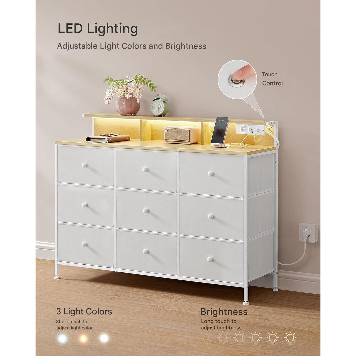 Comoda SONGMICS cu 9 sertare, iluminare LED reglabila tactil, priza si porturi USB integrate, cadru metalic din otel, 114 x 33,5 x 84 cm, alb, dulap depozitare modern pentru dormitor, living sau hol