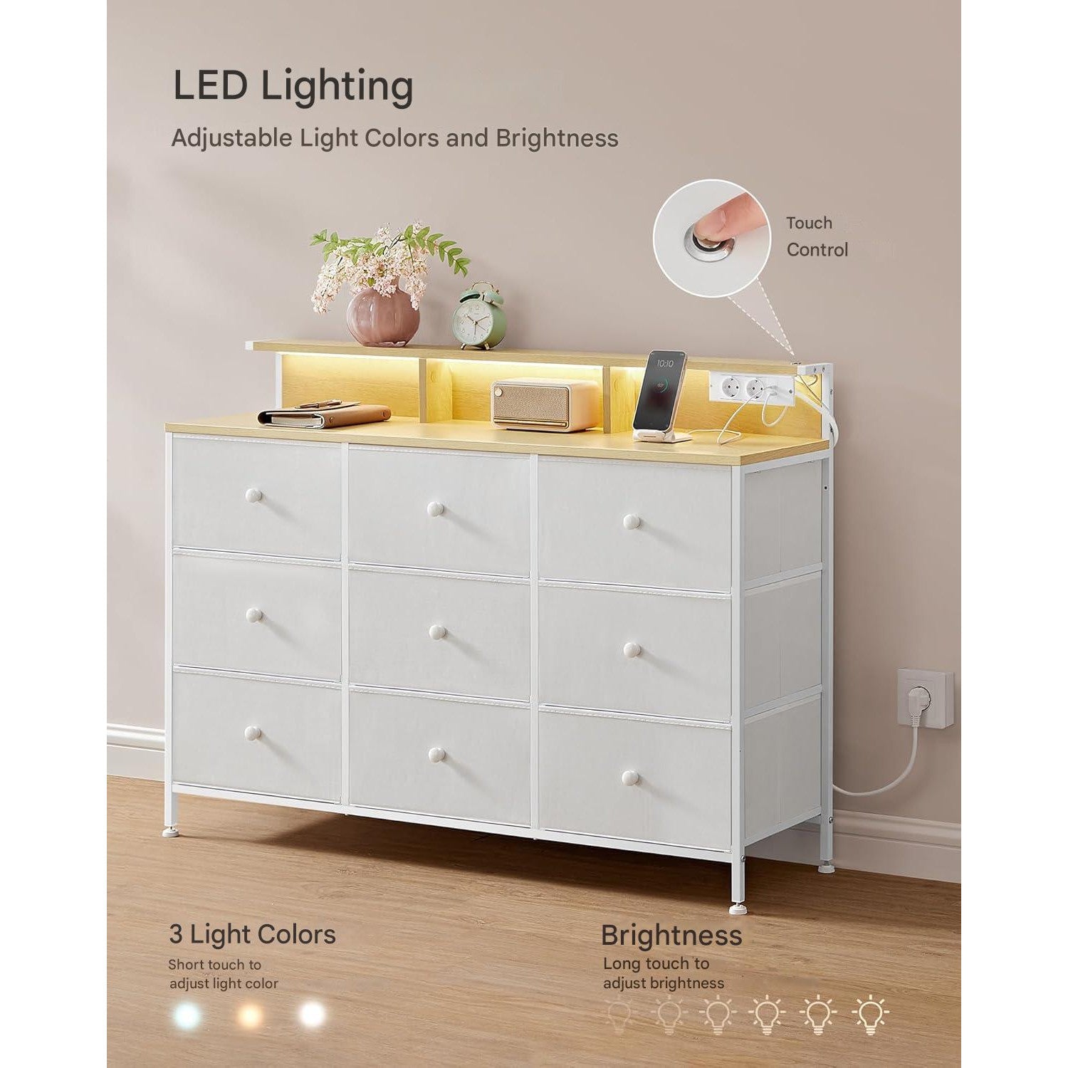 Comoda SONGMICS cu 9 sertare, iluminare LED reglabila tactil, priza si porturi USB integrate, cadru metalic din otel, 114 x 33,5 x 84 cm, alb, dulap depozitare modern pentru dormitor, living sau hol