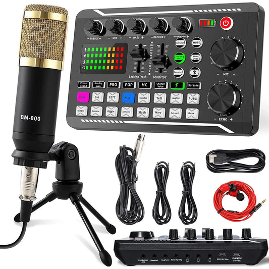 Set microfon podcast ALLWIN cu condensator cardioid BM‑800 si mixer audio USB F988, placa de sunet DSP Dual, suport reglabil si filtru Pop, pentru Streaming, Podcasting si inregistrare PC, Laptop, telefon, tableta