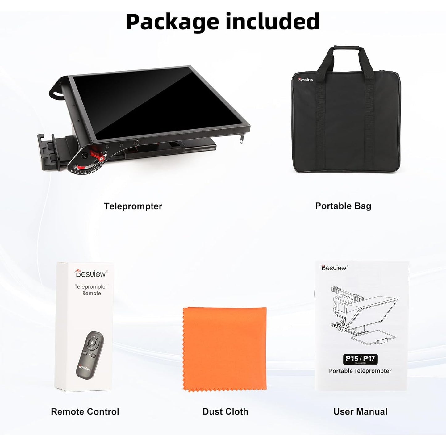 Kit teleprompter de 15 inch, pentru camere DSLR, cu telecomanda, compatibil cu smartphone si tableta pana la 15.3 inch, din metal, din metal, cu montura 1/4 inch si geanta de depozitare si transport