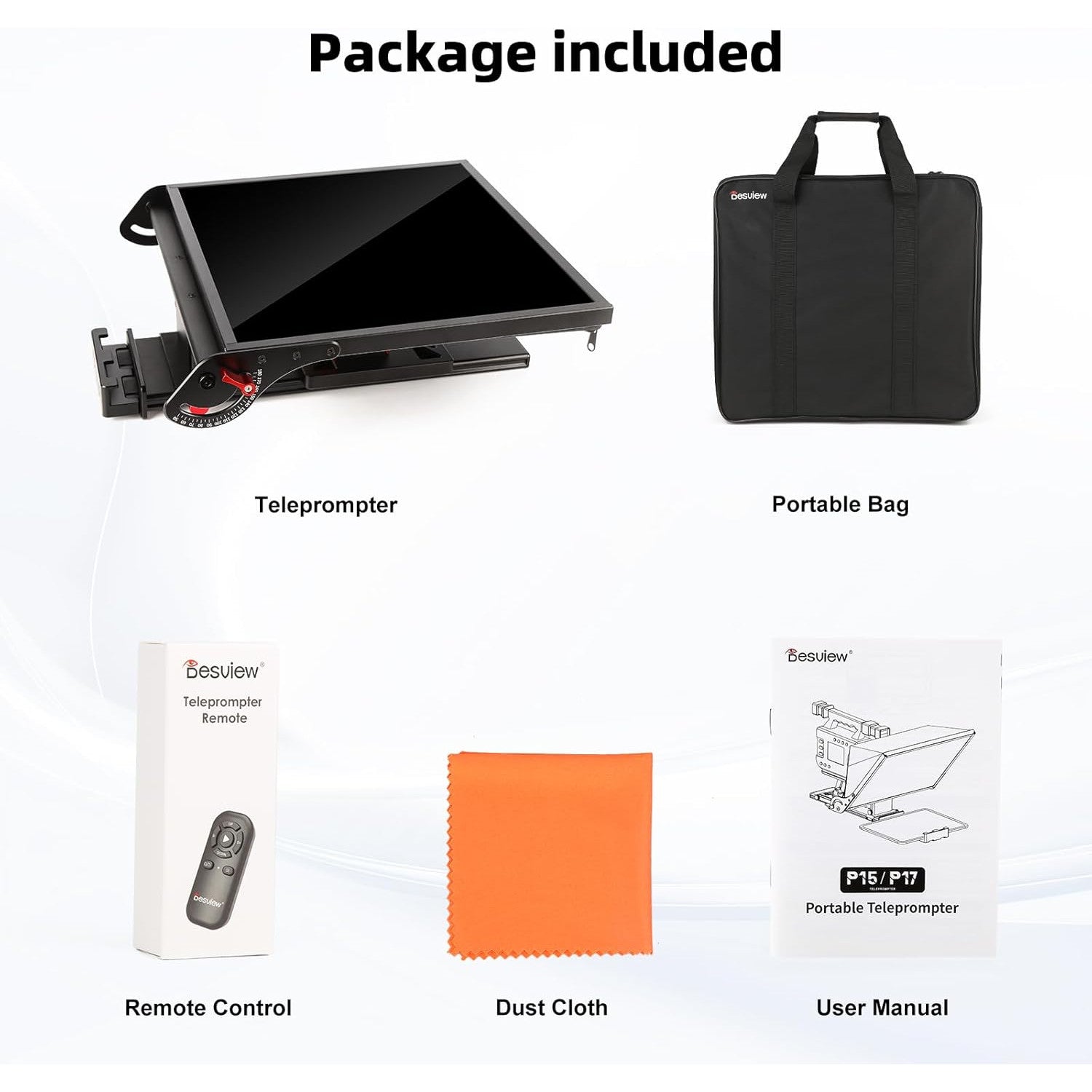 Kit teleprompter de 15 inch, pentru camere DSLR, cu telecomanda, compatibil cu smartphone si tableta pana la 15.3 inch, din metal, din metal, cu montura 1/4 inch si geanta de depozitare si transport