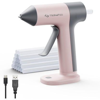 Pistol de lipit fara fir Tilswall, reincarcabil USB-C, incalzire rapida 30s, cu baterie 2000 mAh + 20 bete de lipit 7×140 mm, ideal pentru bricolaj, mestesuguri si reparatii, duza anti-picurare, roz
