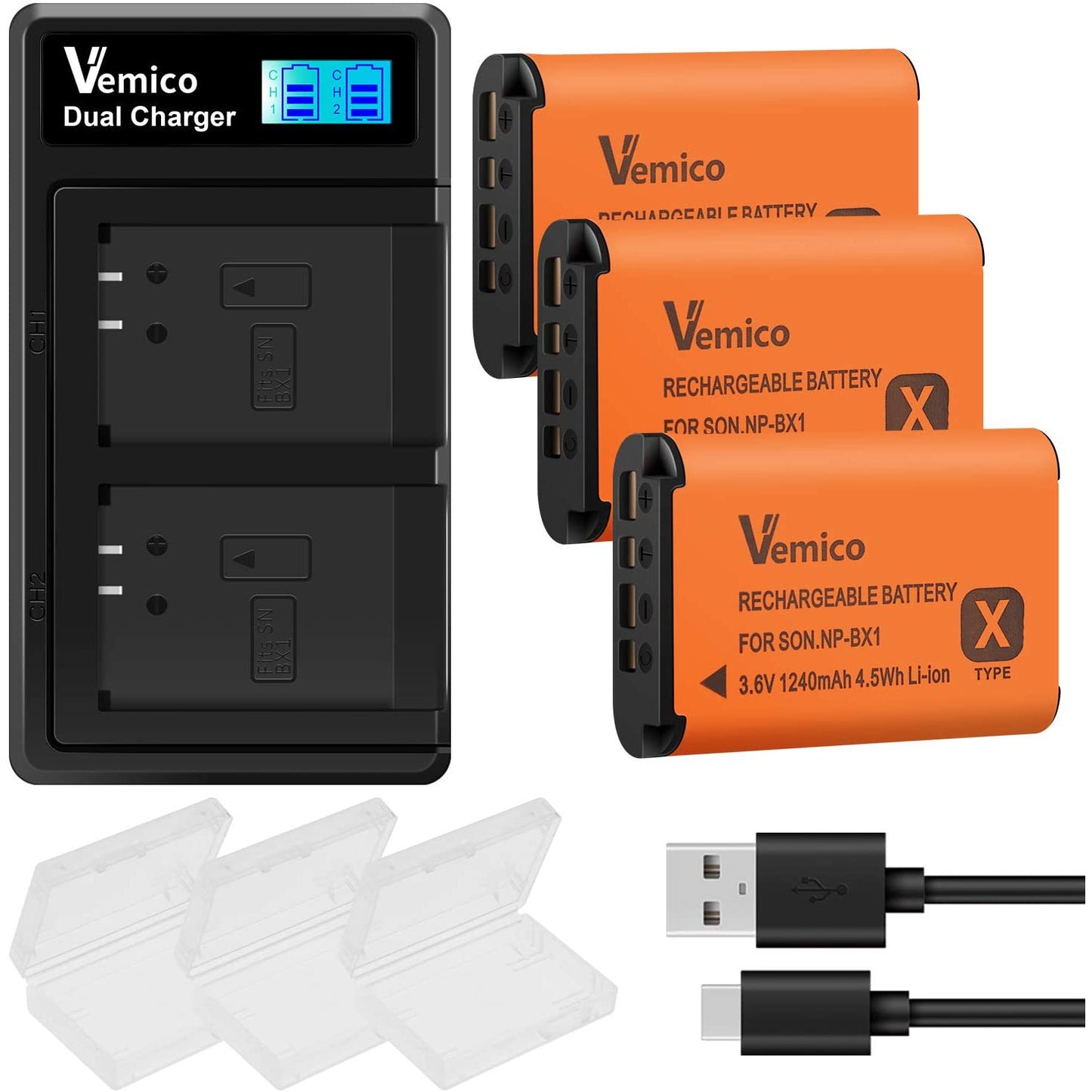 Set 3 acumulatori 1240 mAH NP-BX1, cu incarcator LCD dual pentru Sony NP-BX1 / M8 / RX100 / RX100 II / RX100M II / RX100 III / RX100 IV / RX100 VII