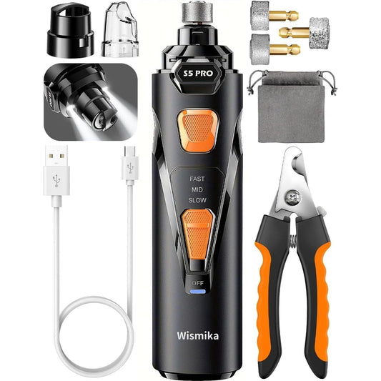 Pila electrica pentru pilire gheare caini si pisici, cu cleste pentru taiere, 4 LED, 3 viteze 12000 RPM, reincarcabil USB, trimmer unghii silentios, sistem siguranta anti-taiere, set complet cu accesorii