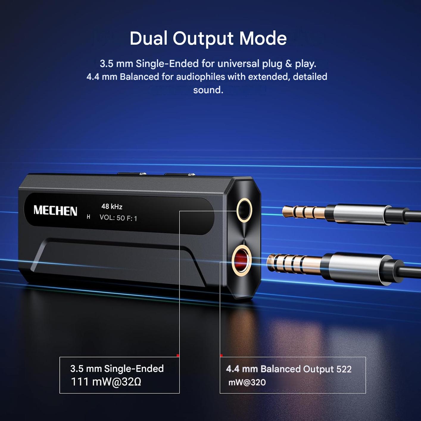 Amplificator casti MECHEN AP10 DAC portabil cu ES9028Q2M + ES9603Q, suport 384kHz/DSD256, iesiri 3.5mm si 4.4mm balanced, USB-C, compatibil Android/iOS/Windows/macOS, OLED 0.87”, SNR 120dB, Hi-Res Audio pentru telefon, PC si laptop