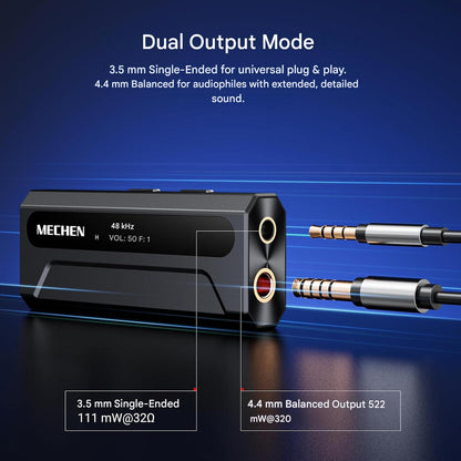 Amplificator casti MECHEN AP10 DAC portabil cu ES9028Q2M + ES9603Q, suport 384kHz/DSD256, iesiri 3.5mm si 4.4mm balanced, USB-C, compatibil Android/iOS/Windows/macOS, OLED 0.87”, SNR 120dB, Hi-Res Audio pentru telefon, PC si laptop