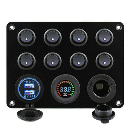 Panou cu voltmetru si 8 intrerupatoare , priza cu 2 USB , butoane luminoase , priza auto 12 V 24V , pentru masina , camion , barca , rulota , iaht