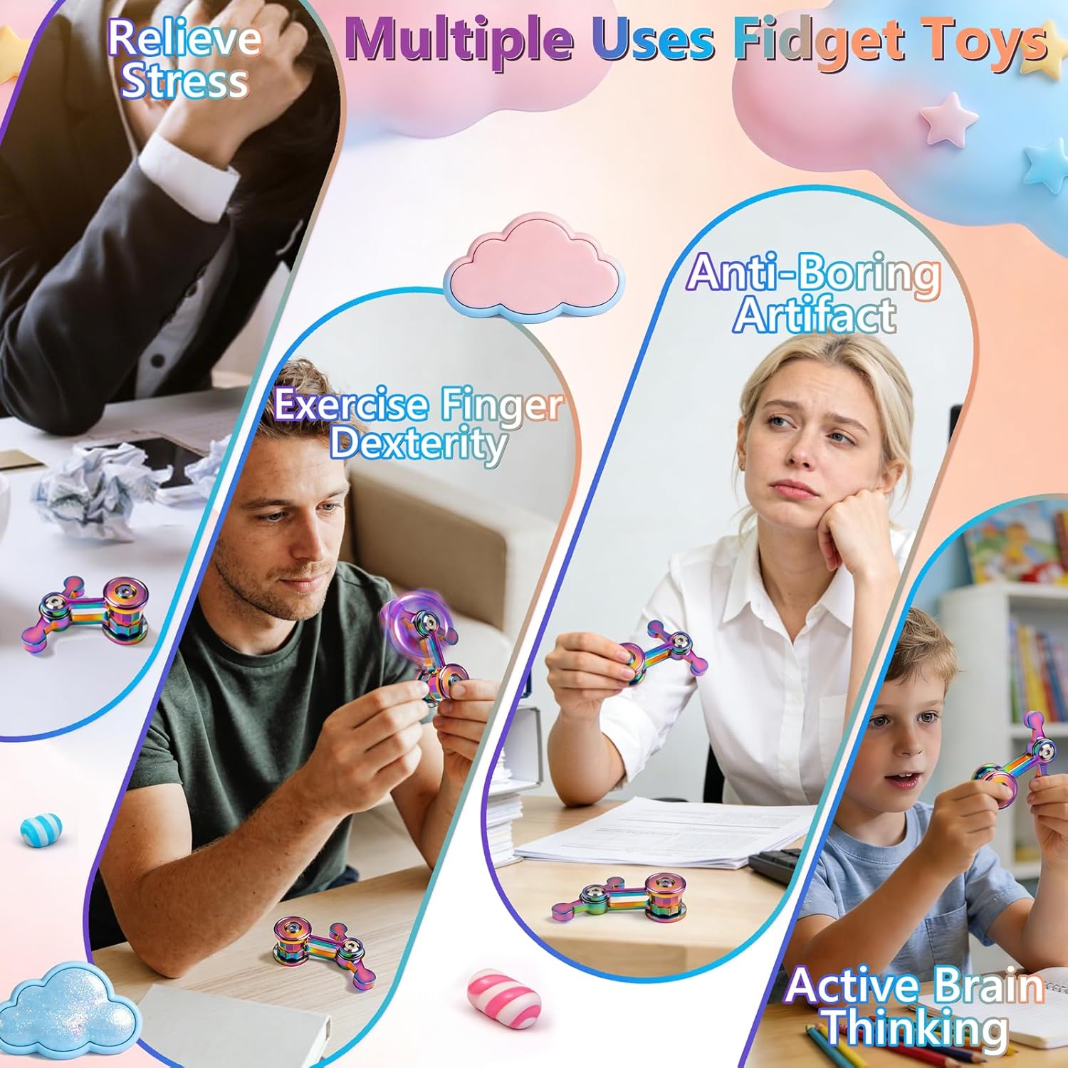 Fidget spinner Coolden, jucarie antistres pentru adulti si copii, metalic, rotire silentioasa EDC, relaxare, ADHD, anxietate, stres, multicolor