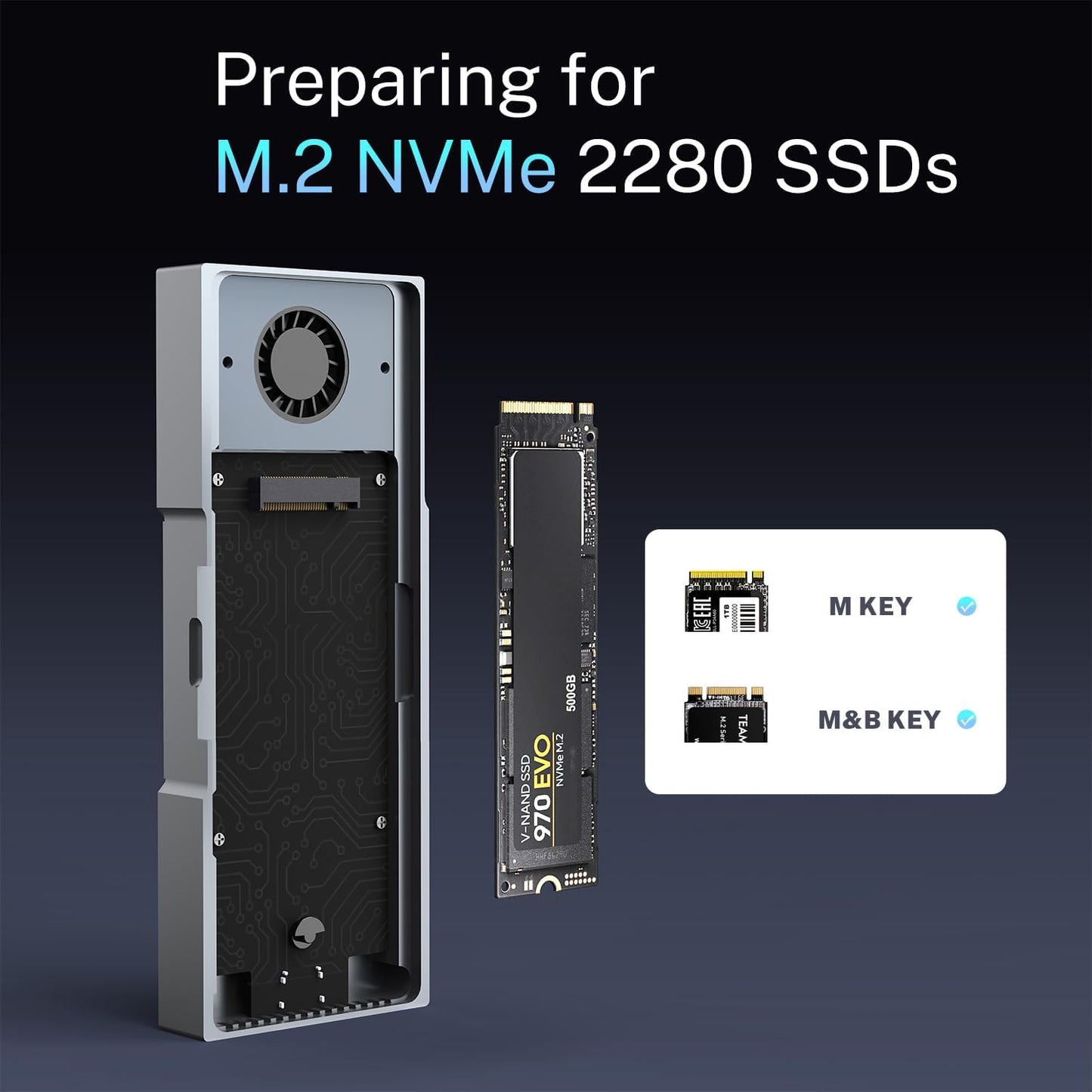 Rack extern SSD M.2 NVMe, carcasa cu ventilator integrat, 40 Gbps, USB-C, Thunderbolt 3/4, din aluminiu, pentru SSD 2280 M-Key si B+M Key