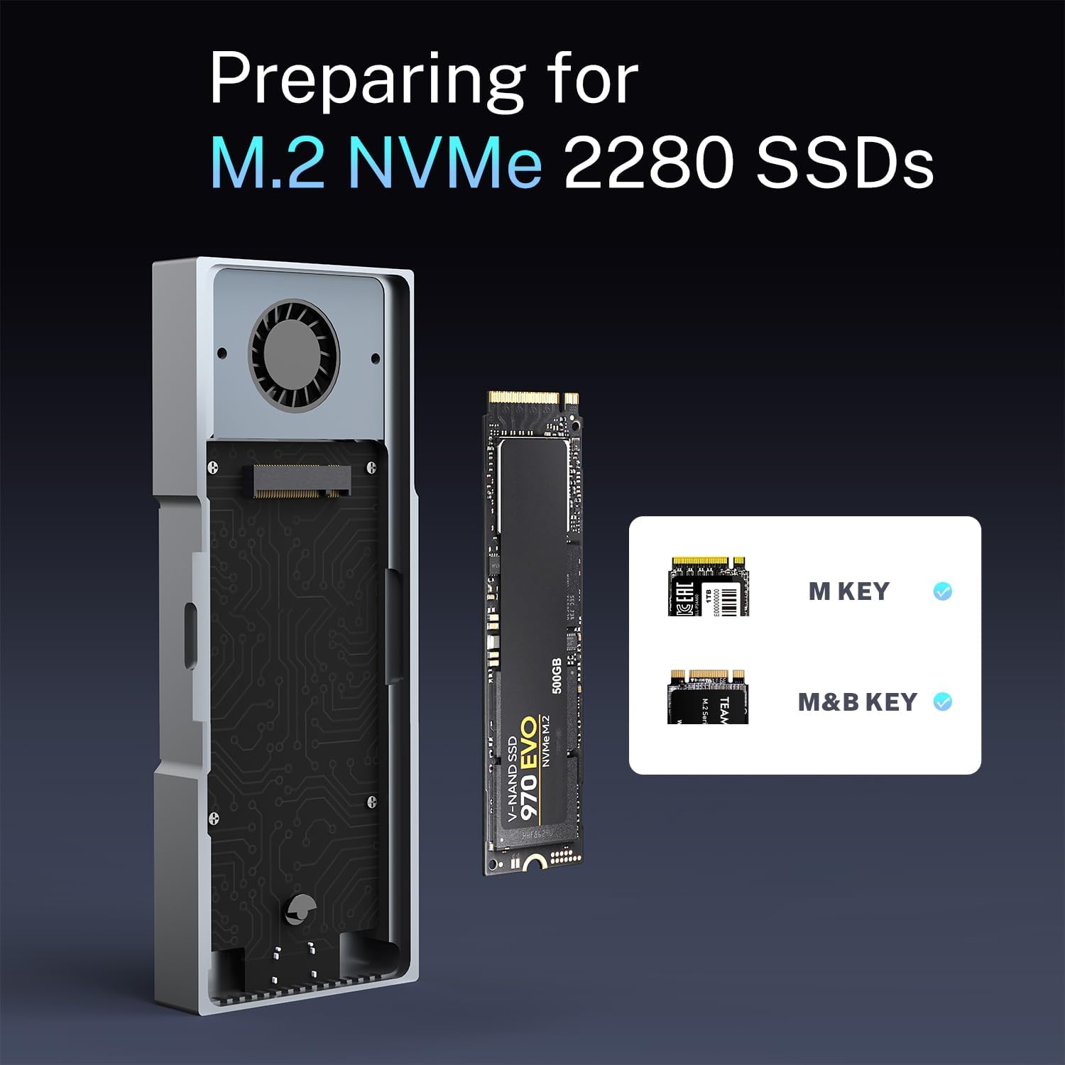 Rack extern SSD M.2 NVMe, carcasa cu ventilator integrat, 40 Gbps, USB-C, Thunderbolt 3/4, din aluminiu, pentru SSD 2280 M-Key si B+M Key