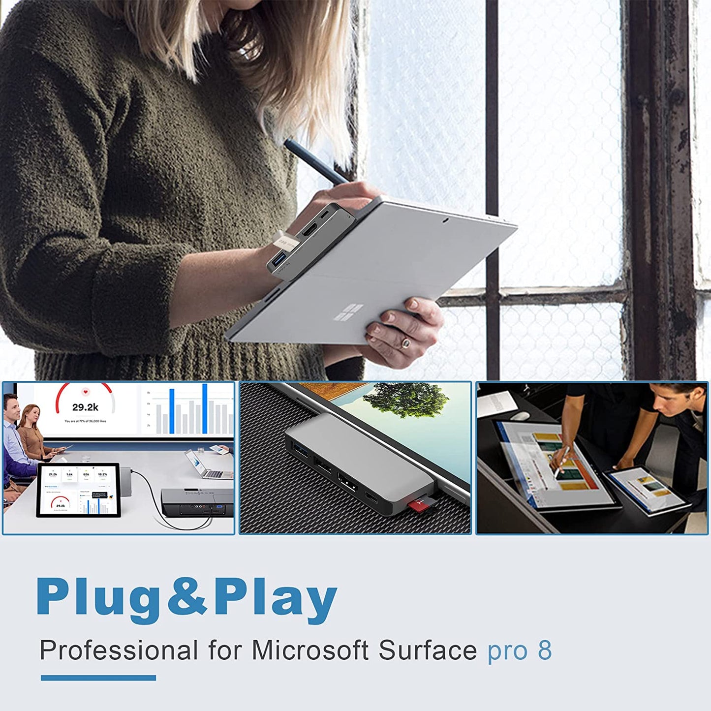 Hub adaptor USB C pentru Surface Pro 8, cu USB C Thunderbolt, HDMI 4K, USB 3.0, USB 2.0, Slot card TF, statie de andocare pentru monitor dual