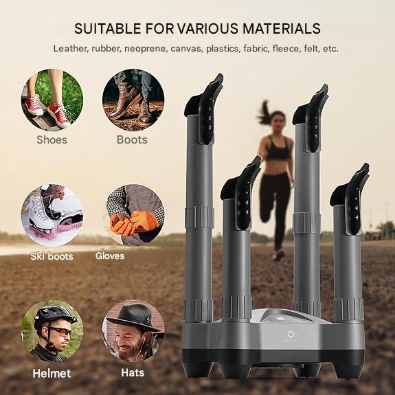 Uscator electric pentru incaltaminte AIRTHEREAL SD20, 110 W, dezinfectare cu ozon, temporizator reglabil 30 min - 9 ore, uscare cu aer cald 40-45°C, pentru 2 perechi simultan, tuburi telescopice extensibile, protectie la supraincalzire, gri
