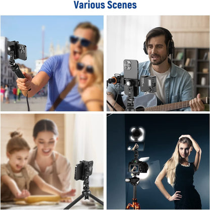 Suport de telefon cu 4 monturi cold shoe si 3 filet de 1/4 inch, rotatie orizontala 360° si inclinare 180° pentru smartphone, streaming, vlogging, inregistrare