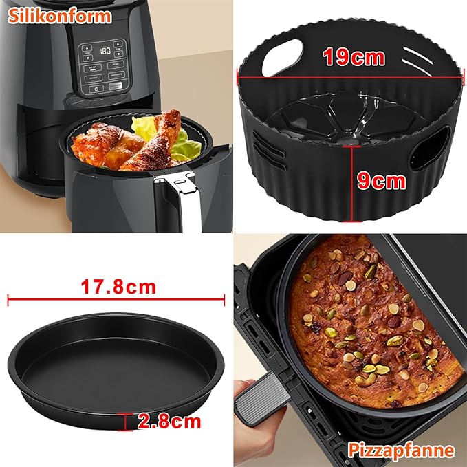 Set accesorii compatibile friteuza cu aer cald 4 x 19 cm – gratar, tava pizza si hartie de copt siliconica pentru Russell Hobbs 4L, Philips 2000 4, 2L, Ninja 5, 2L, COSORI 3, 8L