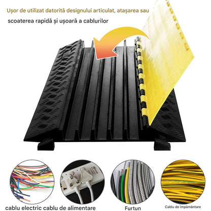 Rampa de protectie cabluri cu 5 canale 91 x 50 x 5 cm, capacitate 3000 kg, din cauciuc cu capac din plastic si design modular, pentru casa, parcari, garaje, depozite, negru