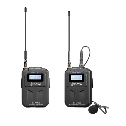 Microfon lavaliera wireless UHF, cu 1 transmitator si 1 receptor, 48 canale, acumulator incorporat, display LCD, distanta de transmitere pana la 70m, pentru camera DSLR, smartphone, PC, Laptop