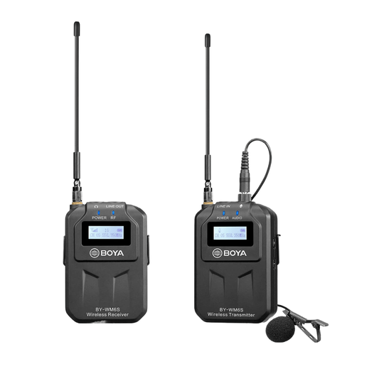 Microfon lavaliera wireless UHF, cu 1 transmitator si 1 receptor, 48 canale, acumulator incorporat, display LCD, distanta de transmitere pana la 70m, pentru camera DSLR, smartphone, PC, Laptop