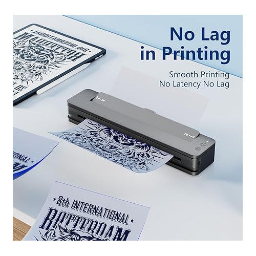 Imprimanta profesionala de tatuaje Bluetooth, portabila, masina transfer de tatuaje, baterie de 2500 mAh cu 10 lavete de curatare, cablu USB-C, adaptor, 10 hartii de transfer, 5 folii curata pentru artisti tatuatori si incepatori