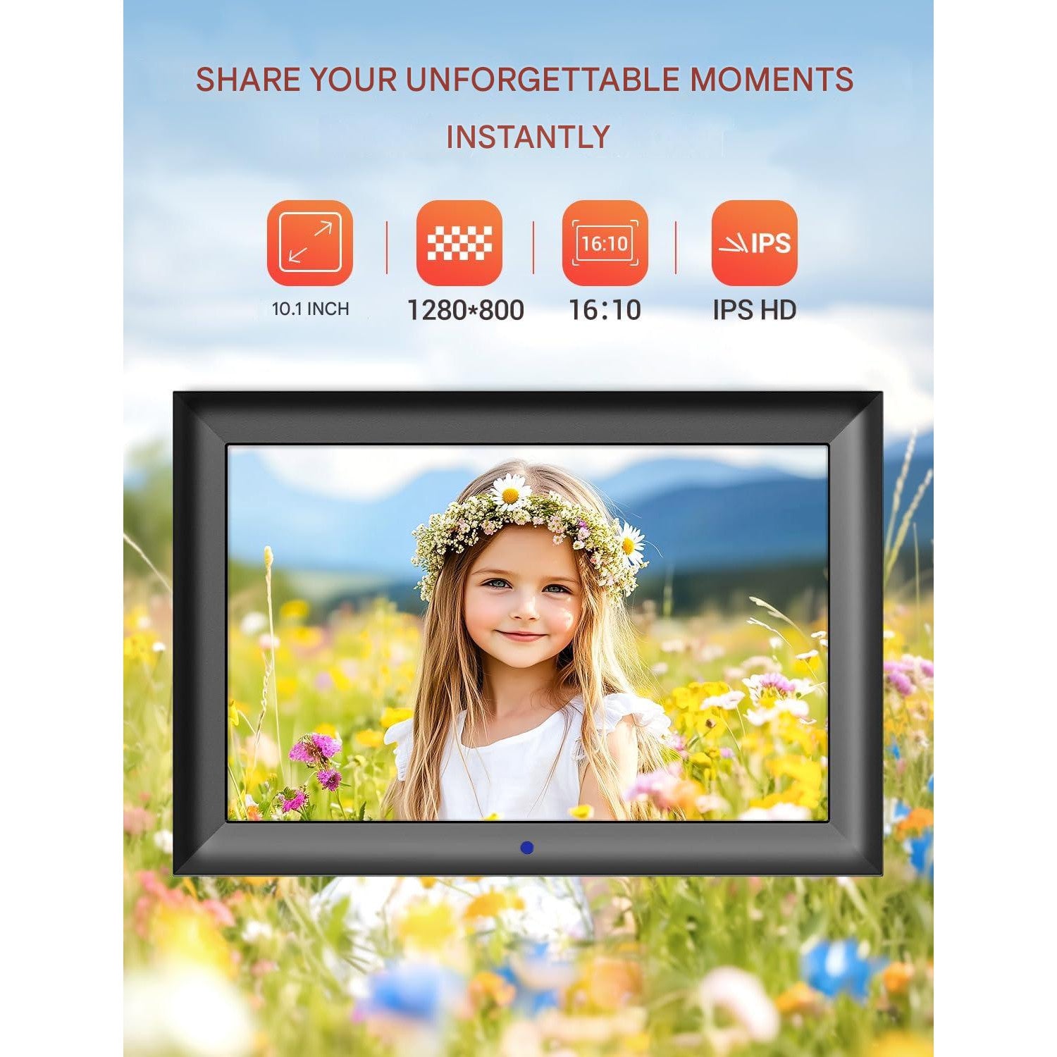 Rama foto digitala de 10, 1 inch, IPS 1280 x 800, fara WiFi, cu telecomanda, suporta USB sau card SD 128 GB, rotire automata, player foto, muzica, video