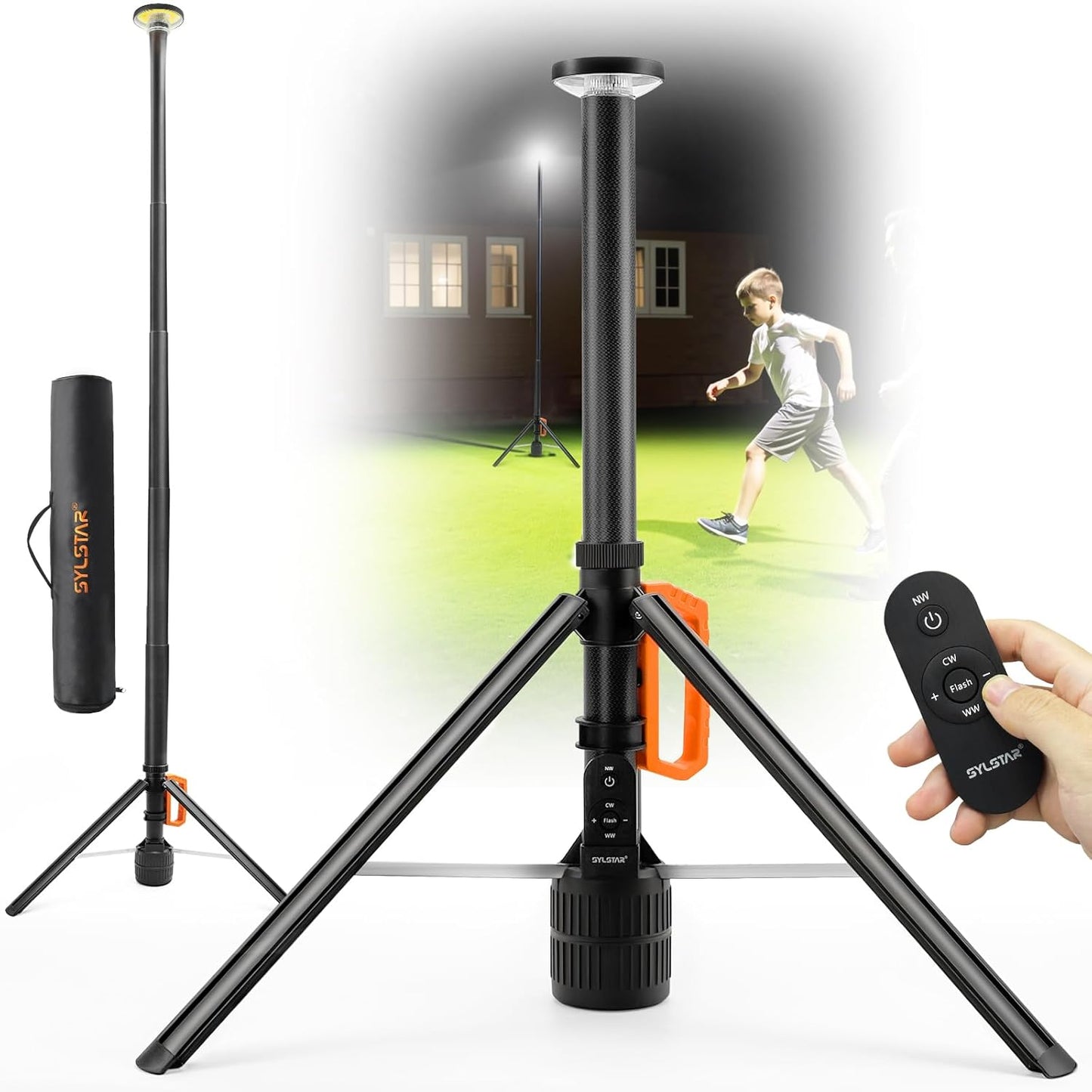Lampa LED portabila SYLSTAR cu trepied telescopic 2.65m, 3000 lm, baterie 6000 mAh, telecomanda, 3CCT 3000K/4000K/6500K, reglaj luminozitate 10 trepte, autonomie pana la 48h, USB-C, iluminare pentru camping, outdoor si urgente, clasa energetica F