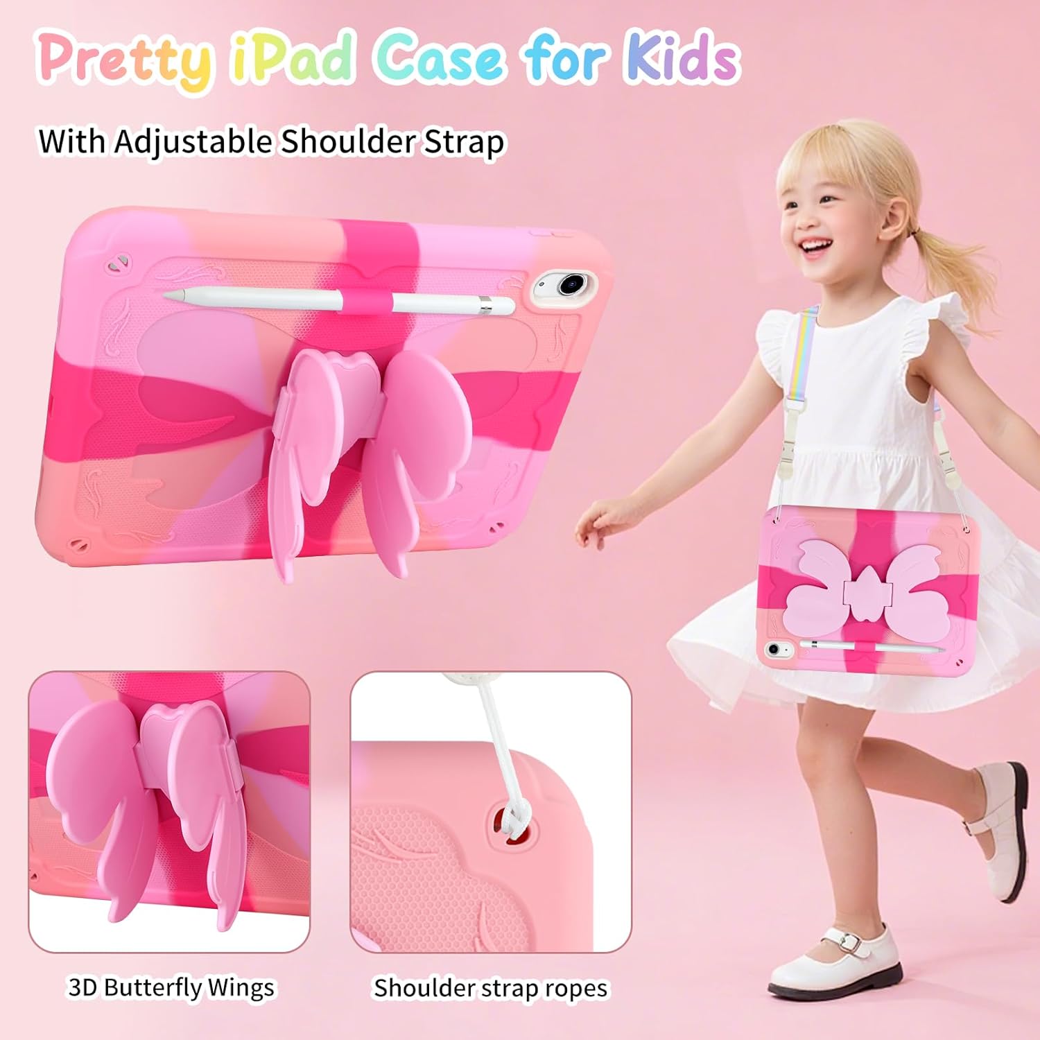 Husa de protectie pentru iPad Gen11, 11inch 2025 A16 si Gen 10, 10,9 inch 2022, cu stand stil fluture, suport pix, margini intarite, curea de umar, carcasa rezistenta la socuri, roz