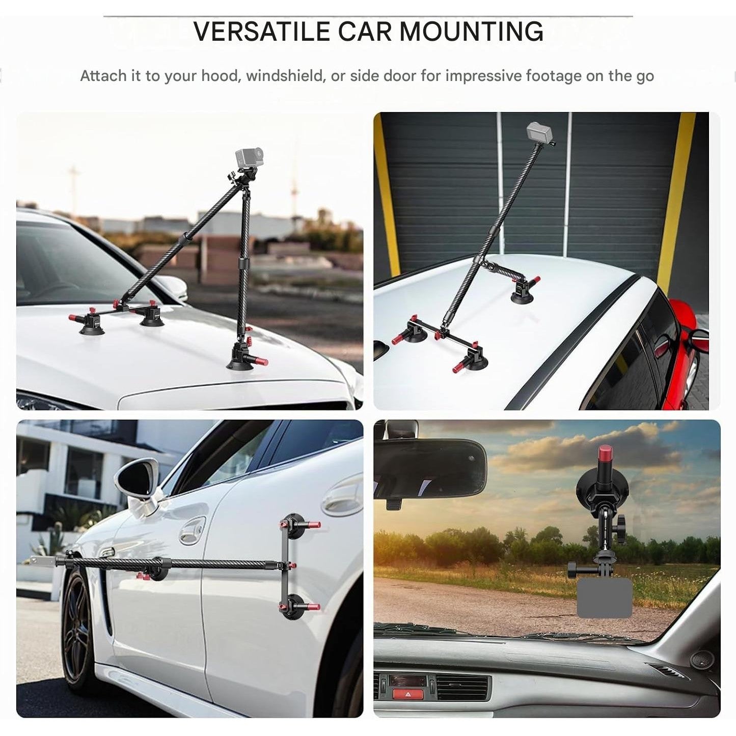 Suport auto NEEWER CA136 cu tripla ventuza, sistem montare camera actiune, compatibil GoPro/Insta360/DJI, sina NATO, brate din fibra de carbon extensibile pana la 60 cm, sarcina max. 1 kg, adaptor 1/4”, pentru vlog si filmare POV ID produs: 4307