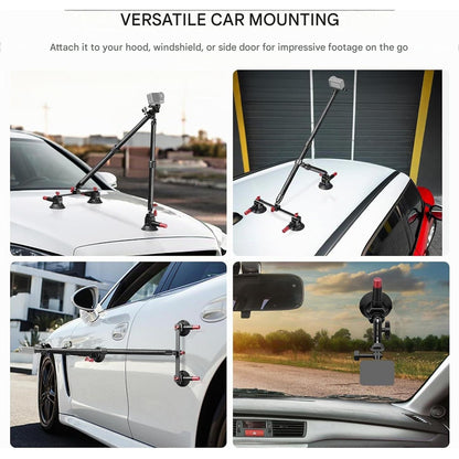 Suport auto NEEWER CA136 cu tripla ventuza, sistem montare camera actiune, compatibil GoPro/Insta360/DJI, sina NATO, brate din fibra de carbon extensibile pana la 60 cm, sarcina max. 1 kg, adaptor 1/4”, pentru vlog si filmare POV ID produs: 4307