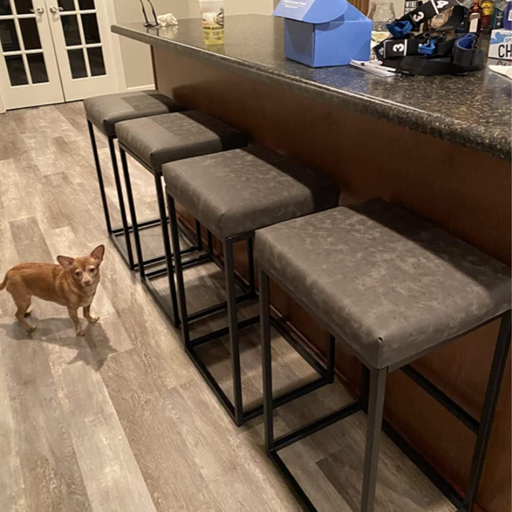 Set 2 scaune de bar gri, fara spatar, sezut 76 cm, piele ecologica, perna groasa, cadru metalic cromat robust, suport pentru picioare-Ideal pentru bucatarie, bar sau insula de bucatarie